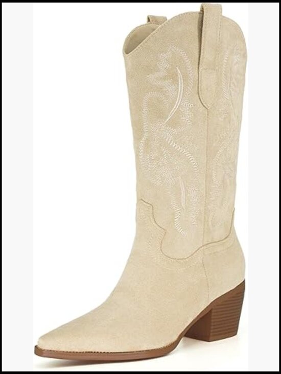 Shoes - Knee High Cowboy Boots Pointed Toe Block Heel Suede Western Embroidered Pull-On